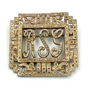 Vtg Art Deco Silver Tone Clear Rhinestone Filigree Bar Pin Brooch 1.5" "RSG"